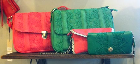 Green and red purses, clutches, bags