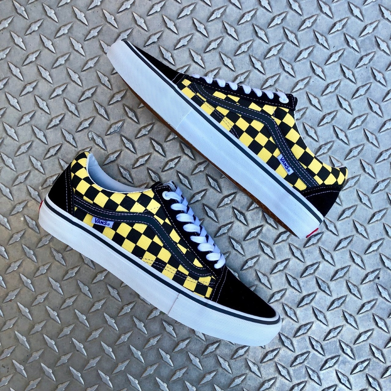 blue and gold checkered vans