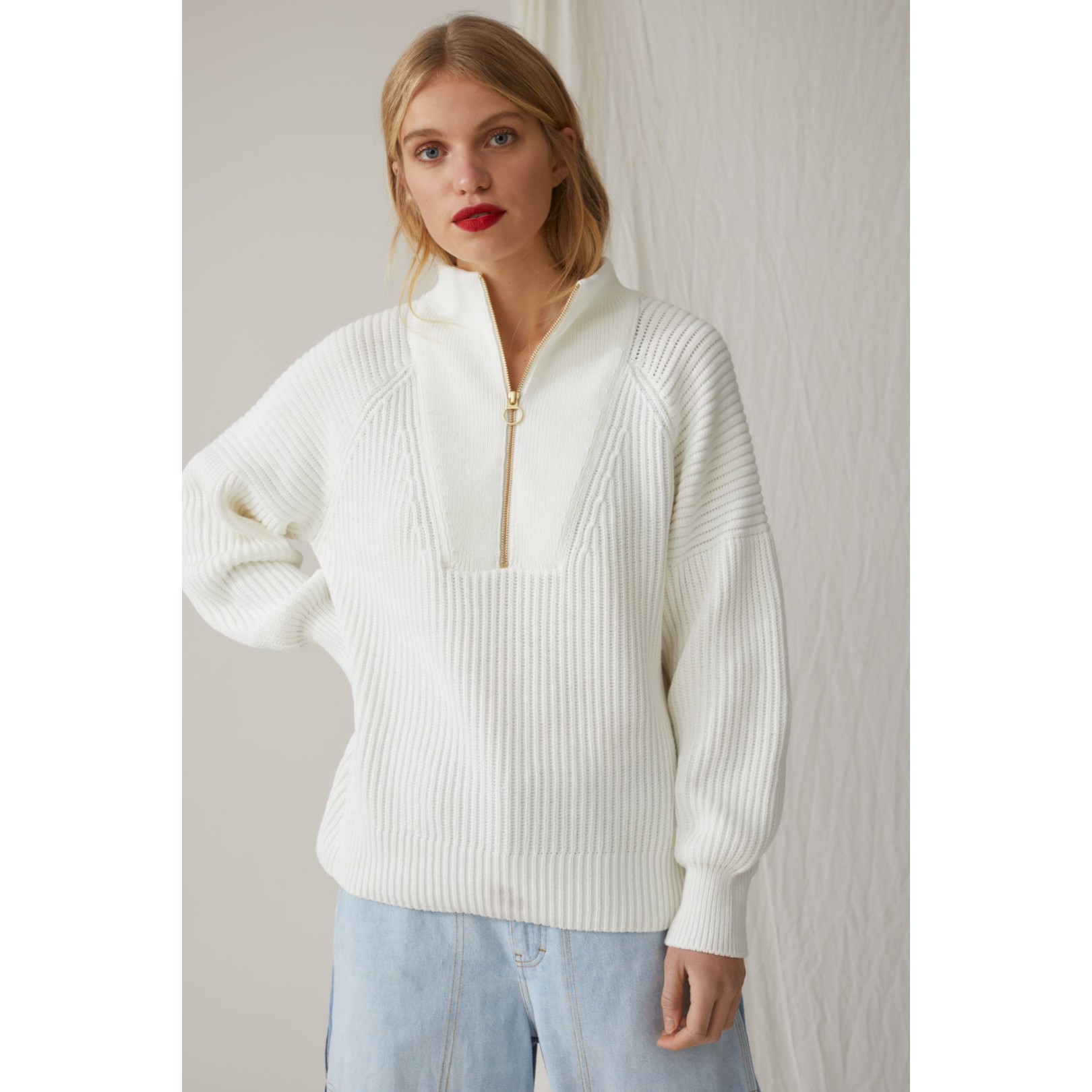 Zip Neck Cotton Sweater (Ivory)