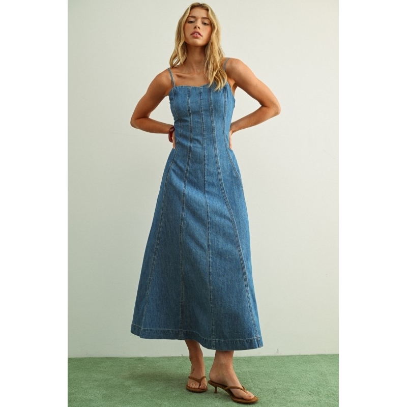 MIOU MUSE Paneled Maxi Washed Denim Dress Dresses at Boutique La Voga