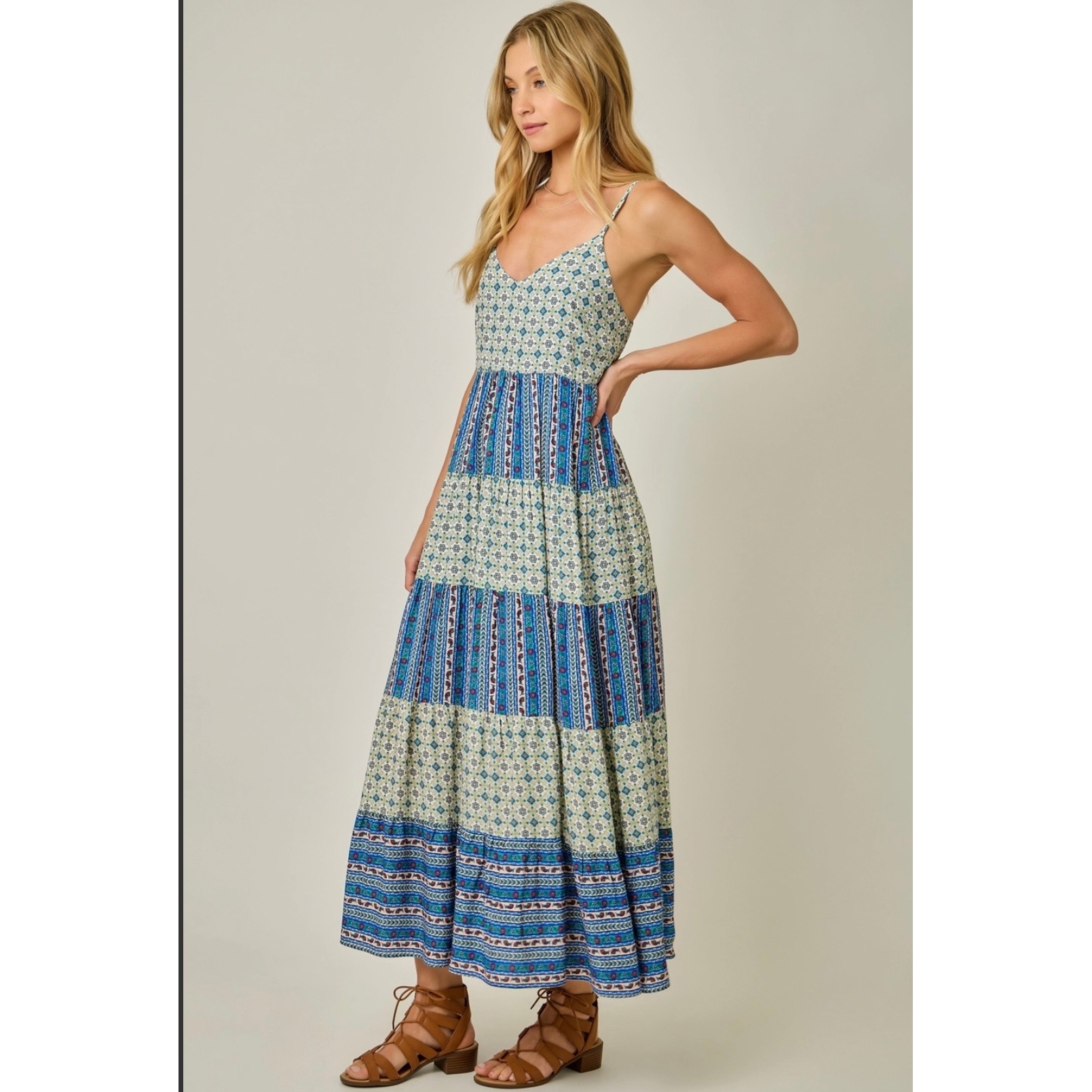 MYSTREE Color Block Sun Dress Small::Sage/Blue MYSTREE Color Block Sun Dress Small::Sage/Blue