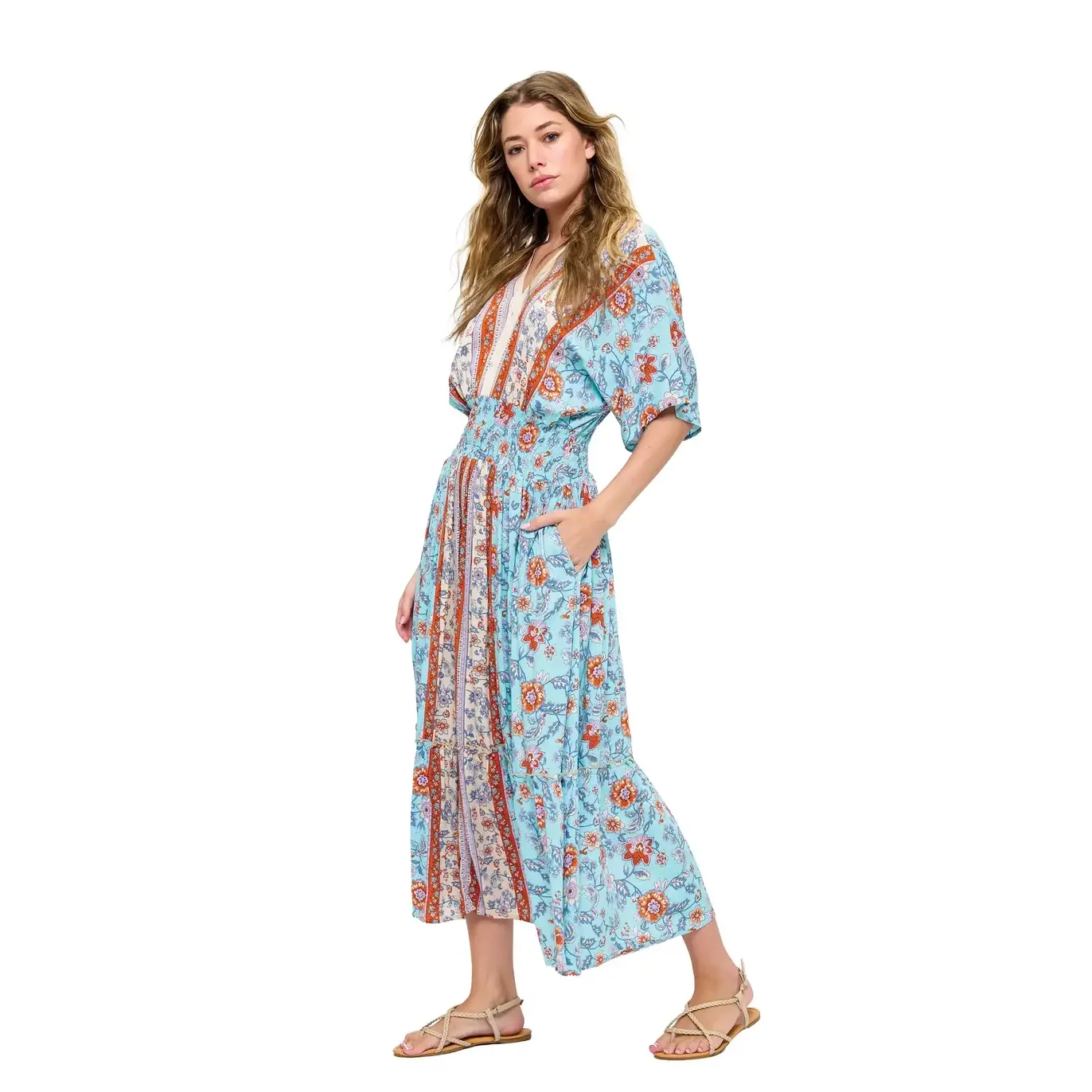 boho blossom maxi dress Pear Blossom Print Tie-Waist Maxi Dress for Vacation Strolls & Garden Gatherings blue S