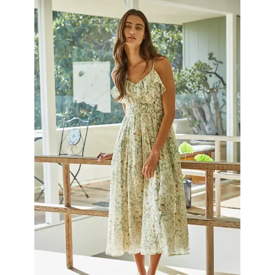 flower vase tencel rib dress Women's By Together Tiered Floral Print Midi Dress Medium Green