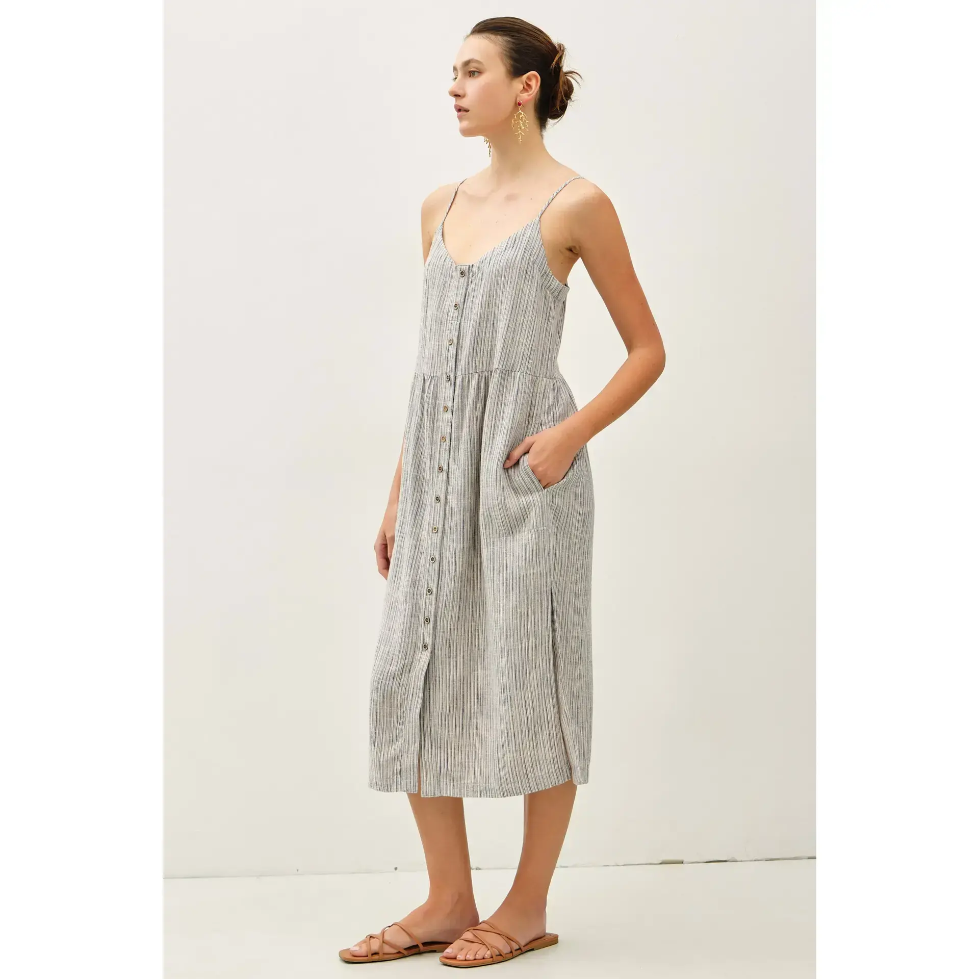 Be Cool Striped Linen Tank Dress Large::Slate