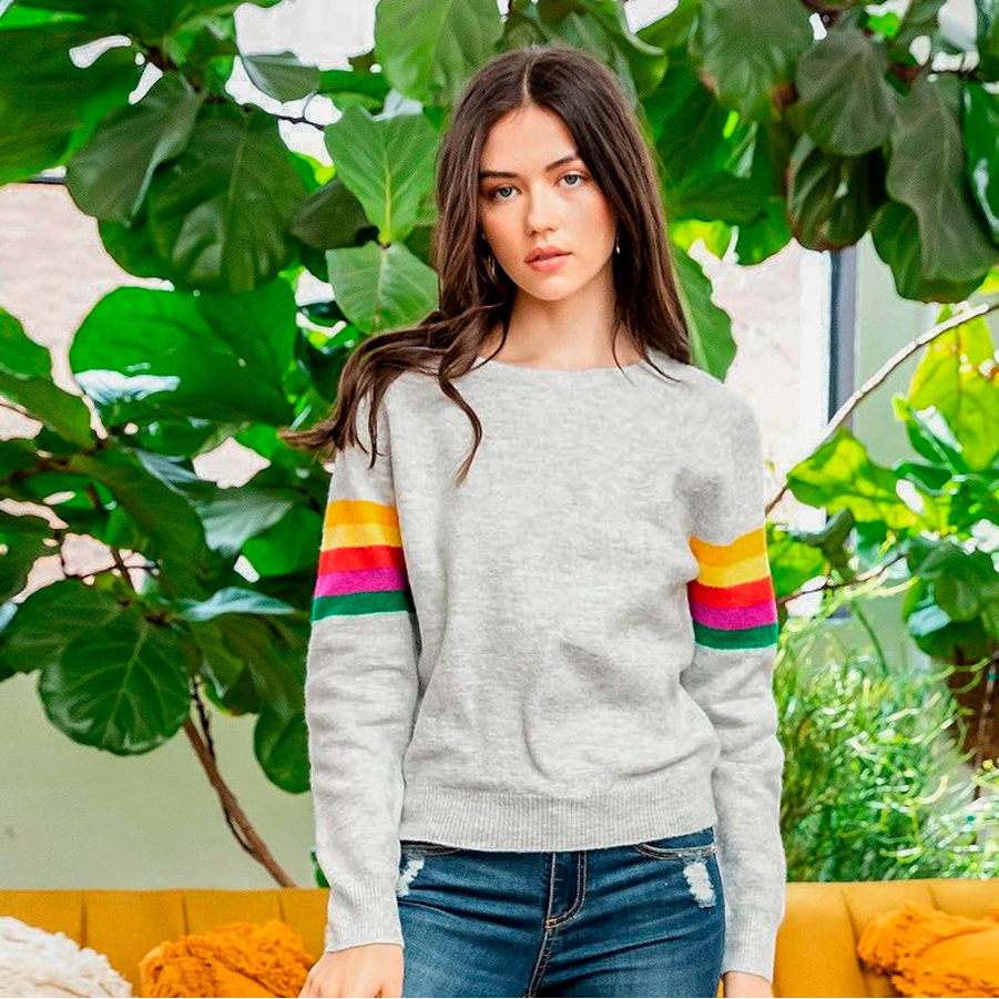 Theme Kali StripedSleeve Sweater (Gray) Sweaters at Chagrin Saddlery Main