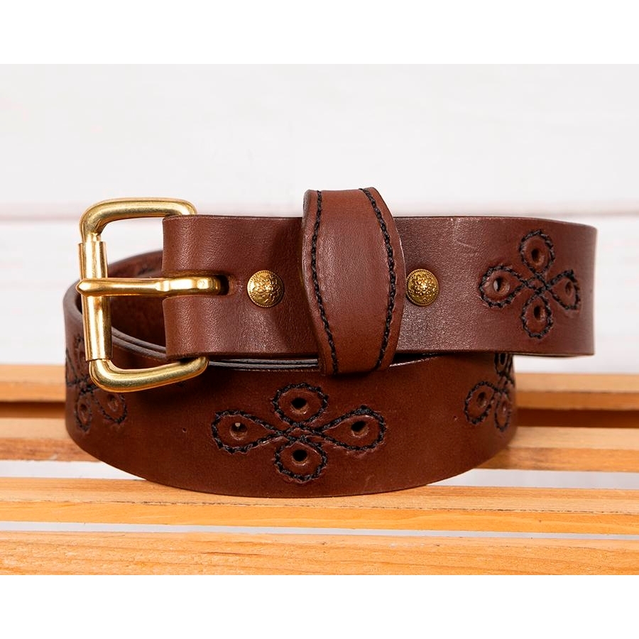 Rivet Leatherworks RL Flowered Belt (Brown with Black Stitching) Belts