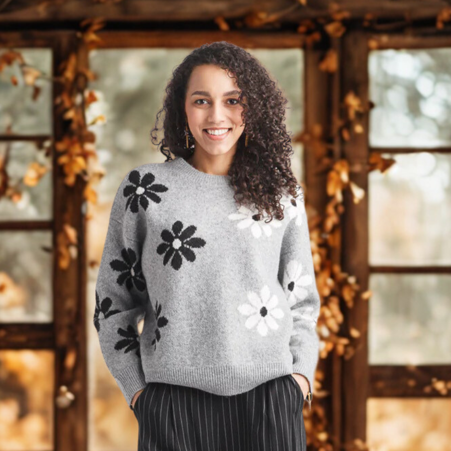 Papillon Daisy Knit Intarsia Sweater (Grey) Casual Shirts and