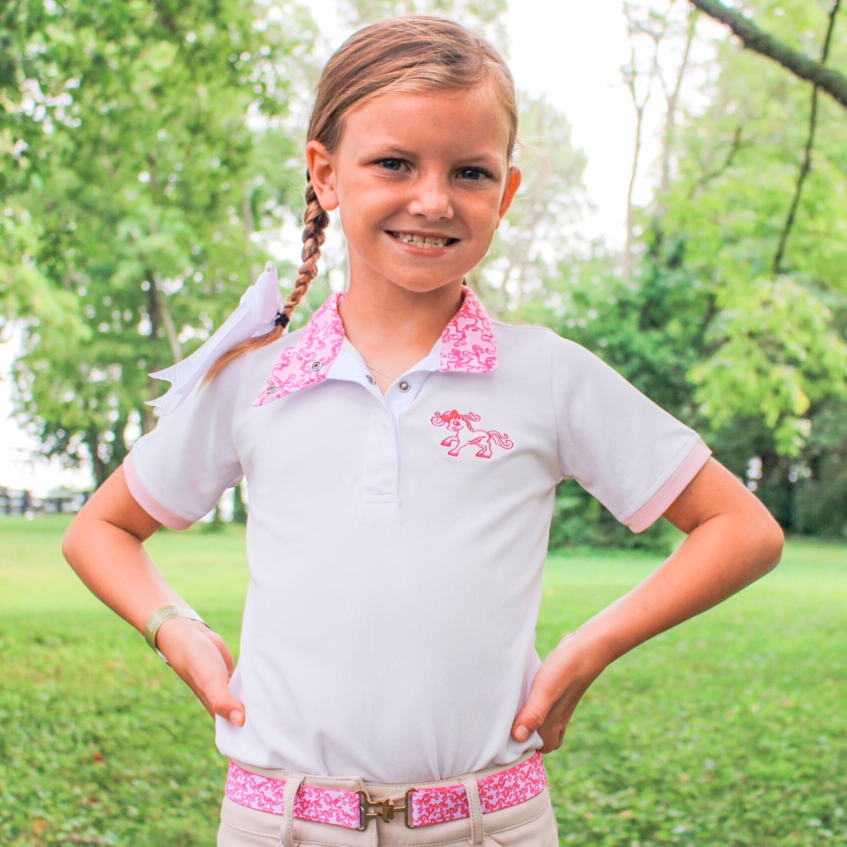 Belle & Bow Equestrian Show Shirt Short Sleeve (Pink Belles) Kids Show Shirts at Chagrin