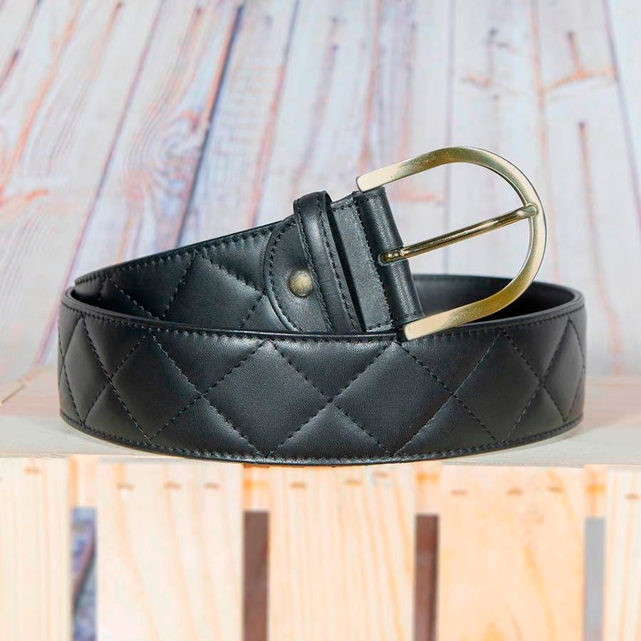 The Tailored Sportsman Quilted C Leather Belt (Black/Gold) Belts at Chagrin Saddlery Main