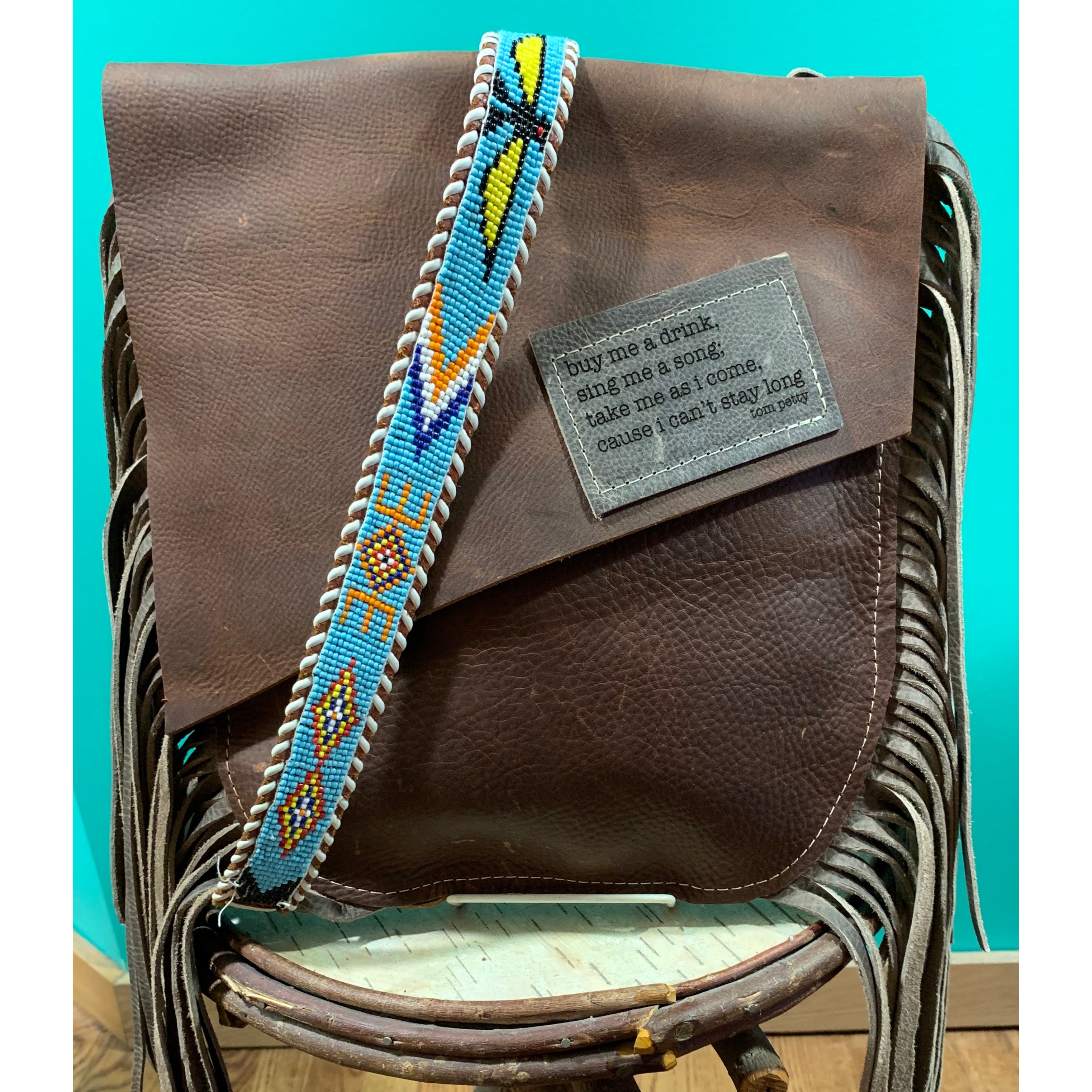 Brown Leather Handbag with Tom Petty Quote and Beaded Leather Strap