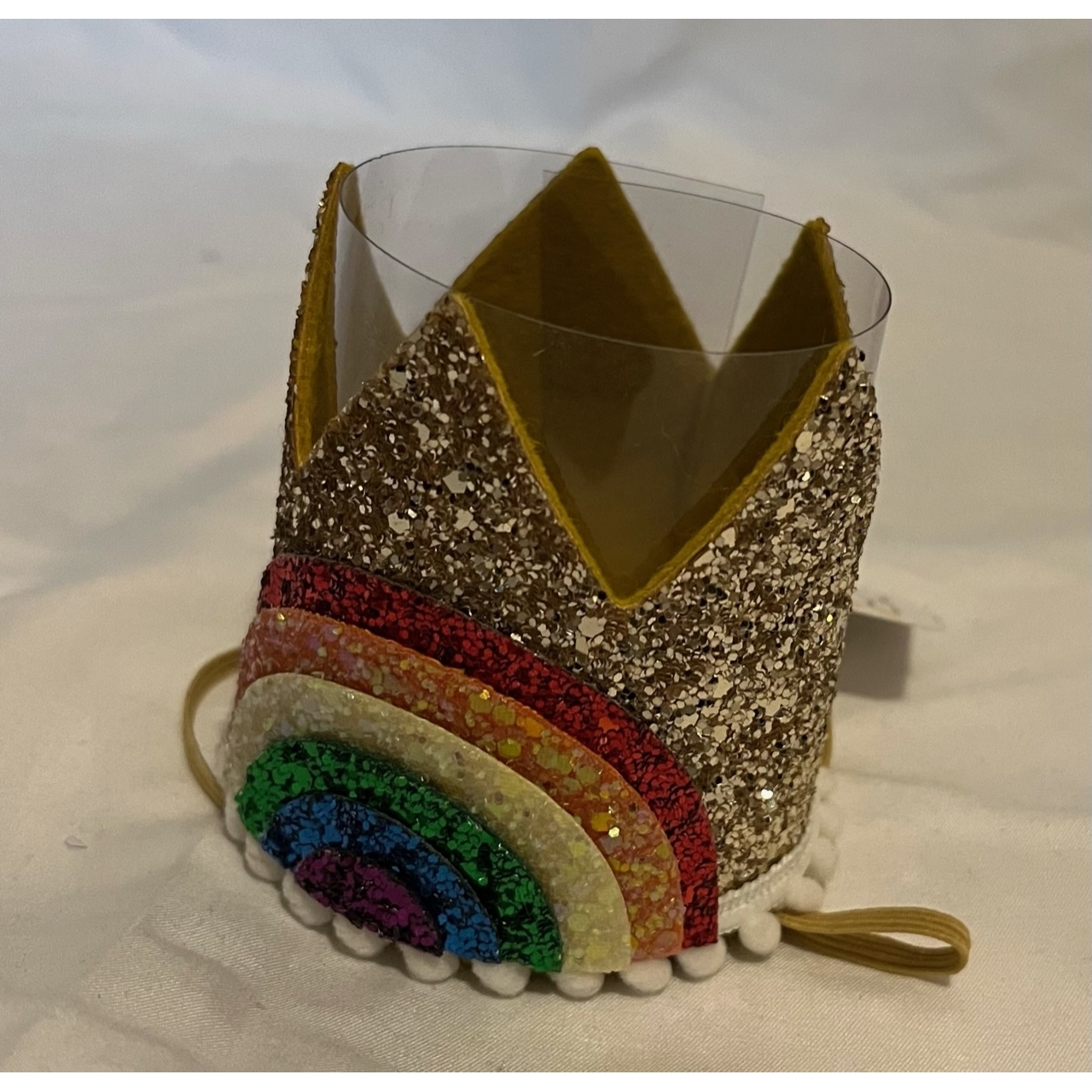 PLAIN / NO NUMBER Party Crown (Rainbow/Gold/White Pom Trim)