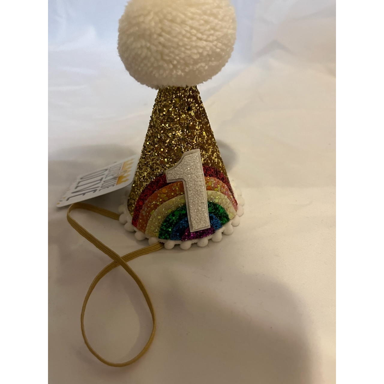 Large Bright Rainbow Party Hat (Gold/Rainbow/White Pom