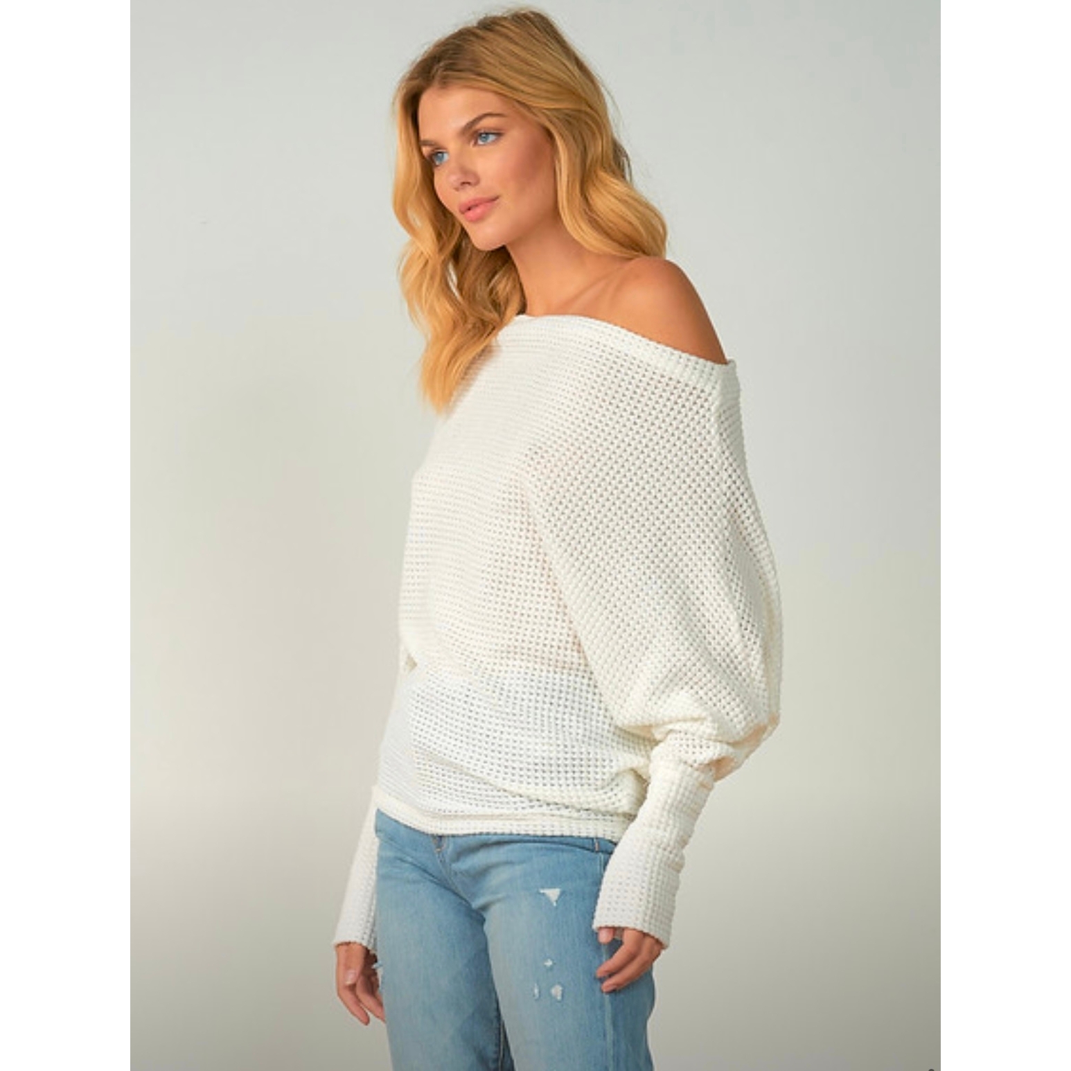 Waffle Knit Off Shoulder Top (Off White)