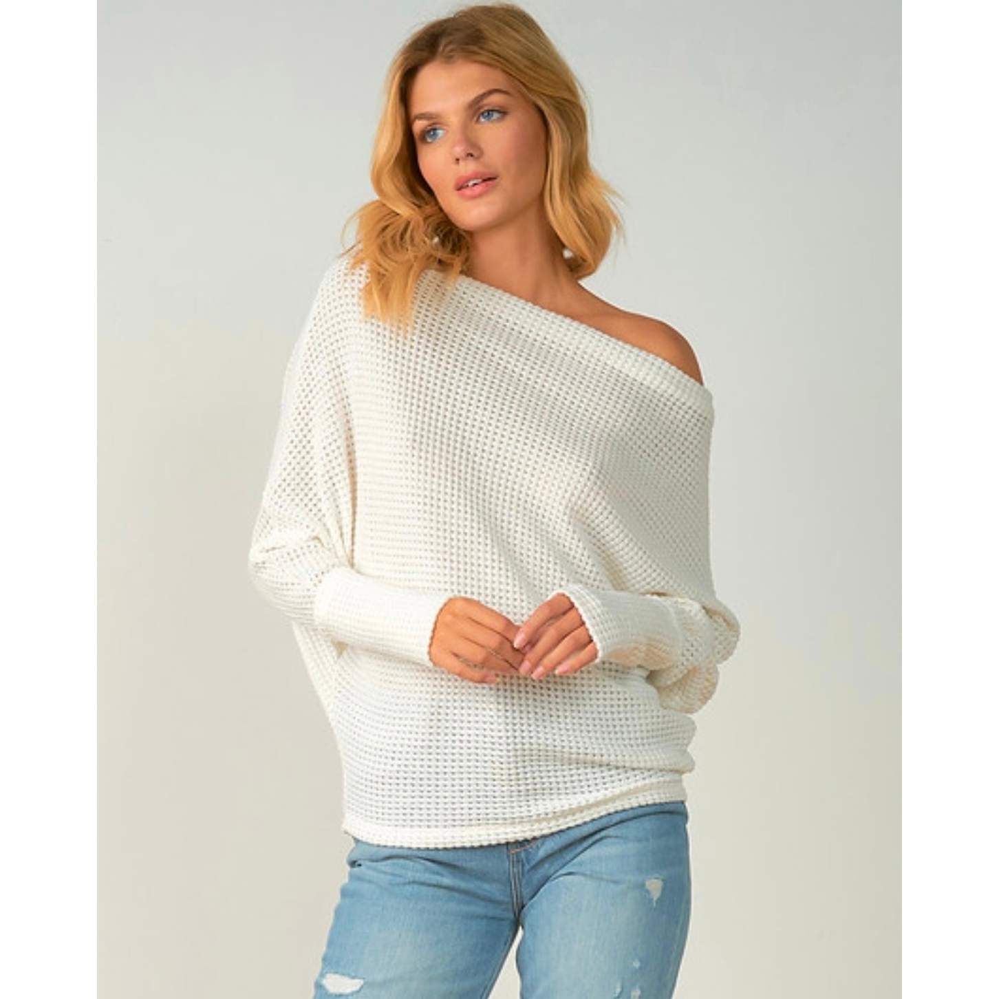 Waffle Knit Off Shoulder Top (Off White)