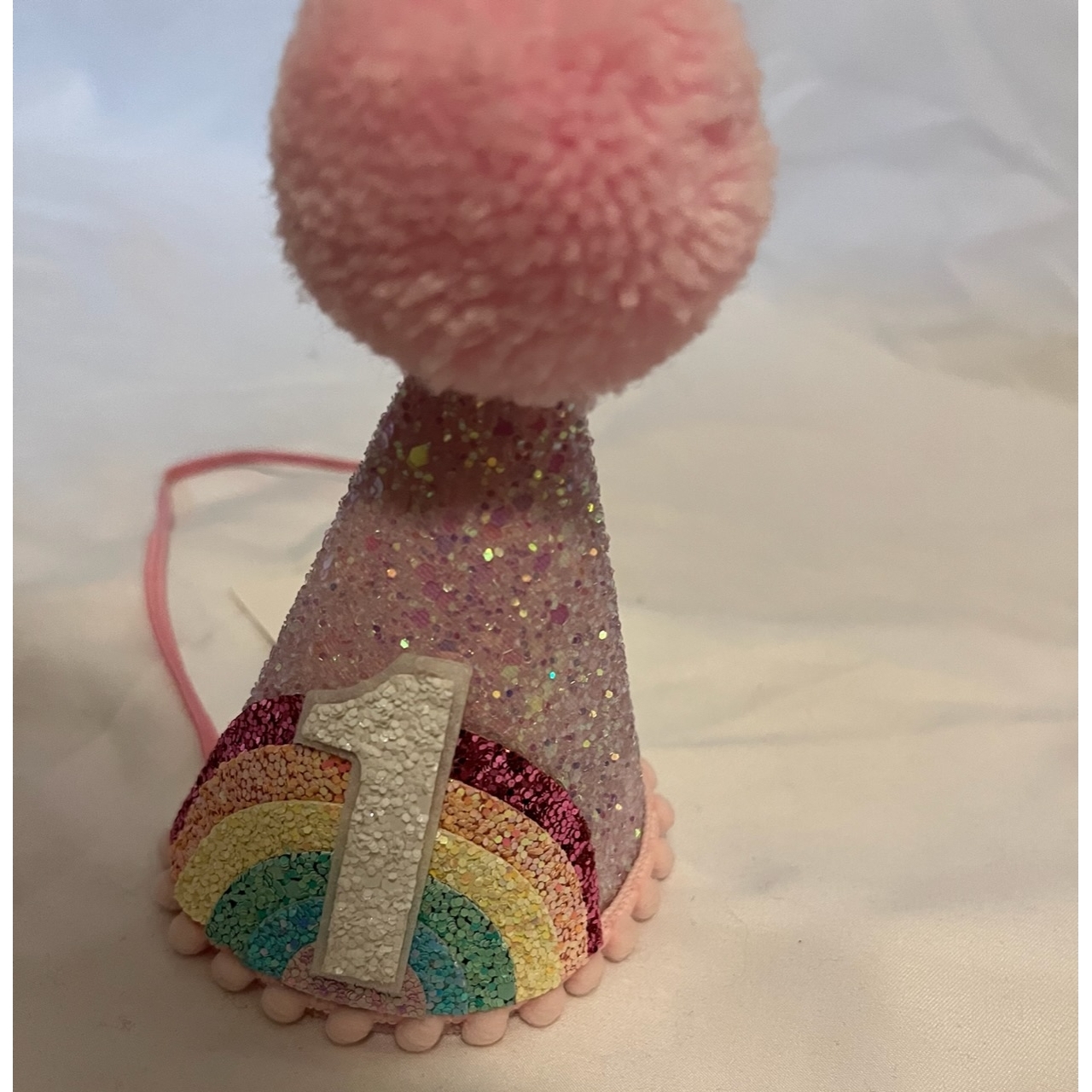 1 Large Party Hat (Pink/ Rainbow/Pink Pom)