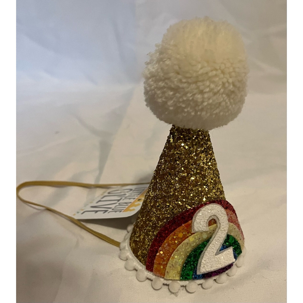 Large Bright Rainbow Party Hat (Gold/Rainbow/White Pom