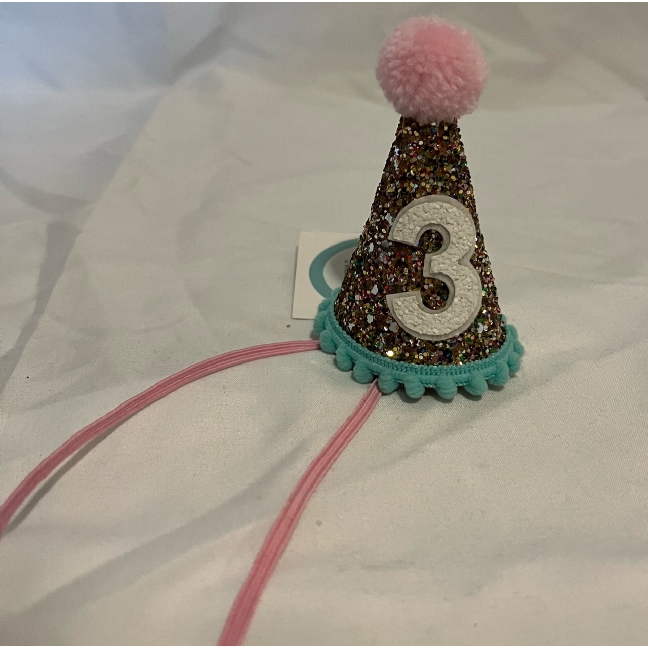 Mini Confetti Party Hat (Pink Pom and Aqua Trim)