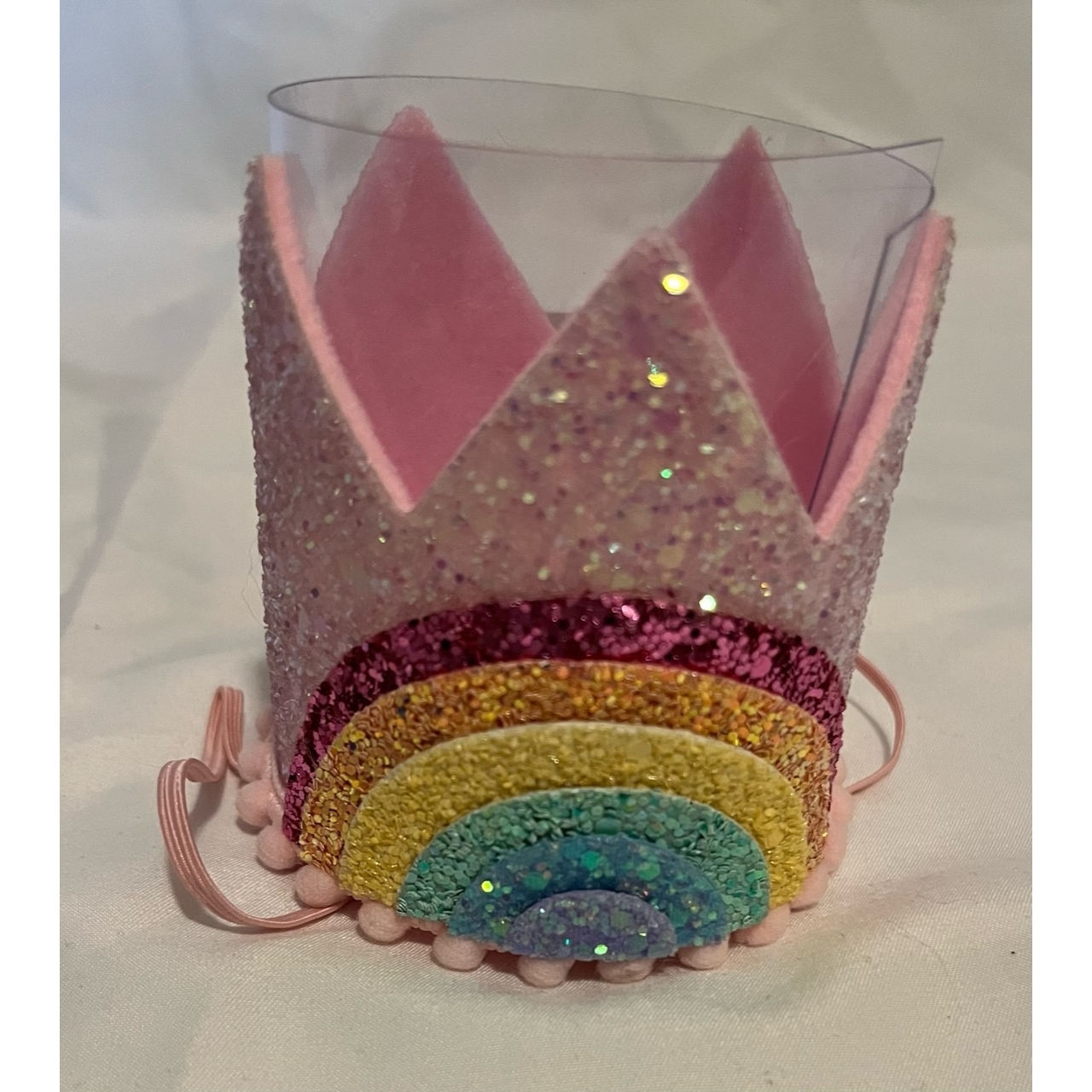 NO NUMBER Pastel Rainbow Crown (Pink/Rainbow/Pink Pom)