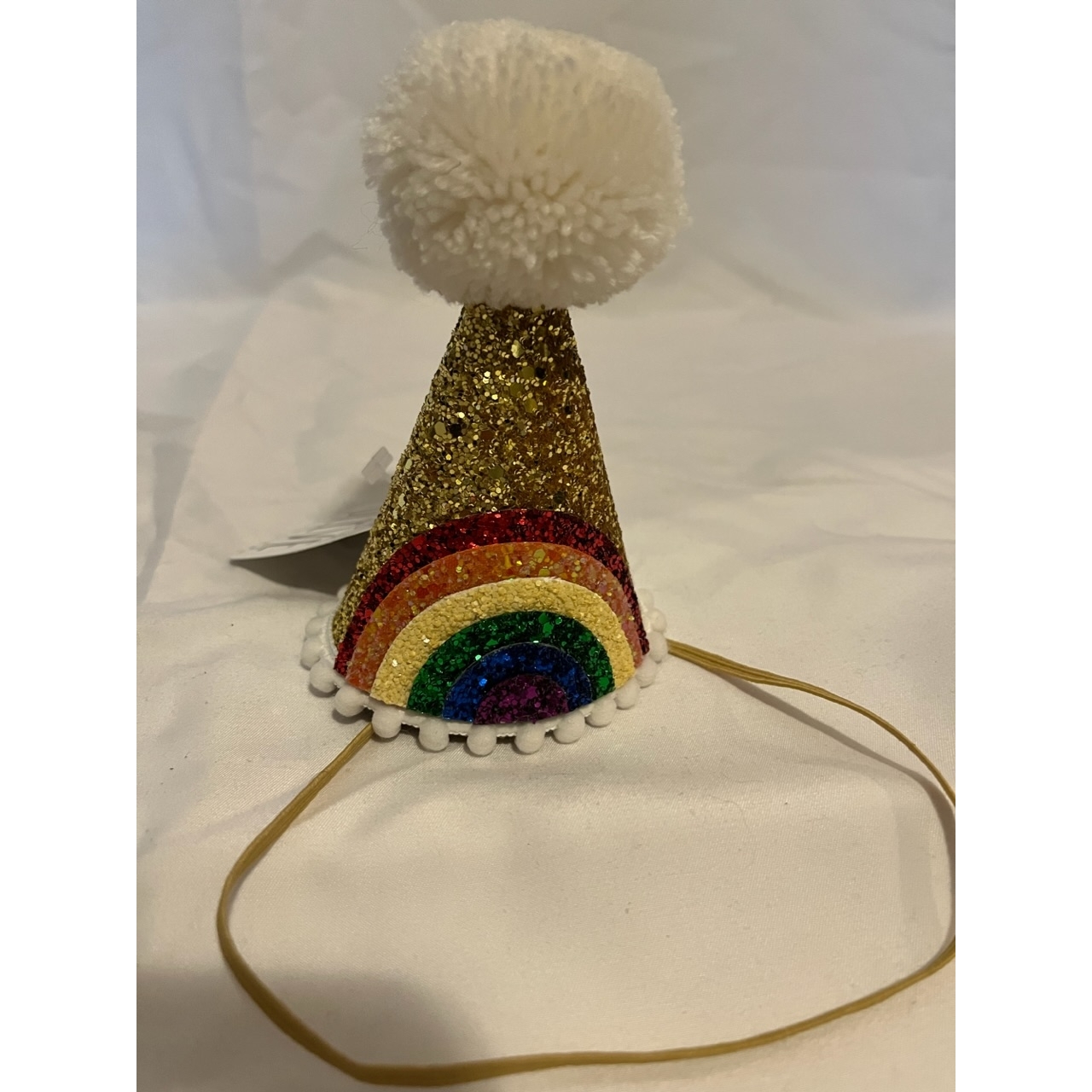 Large Bright Rainbow Party Hat (Gold/Rainbow/White Pom