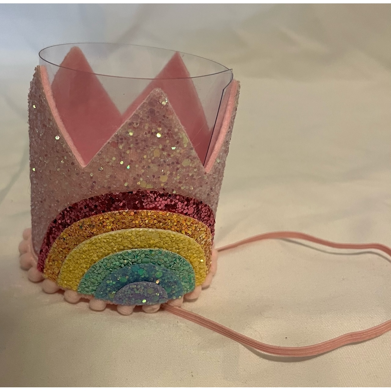 NO NUMBER Pastel Rainbow Crown (Pink/Rainbow/Pink Pom)