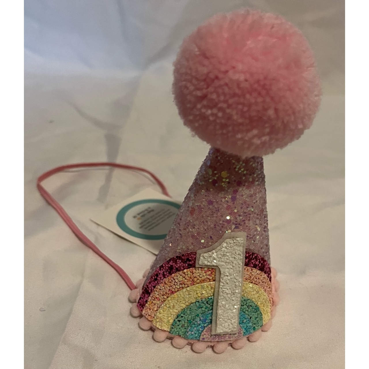 1 Large Party Hat (Pink/ Rainbow/Pink Pom)