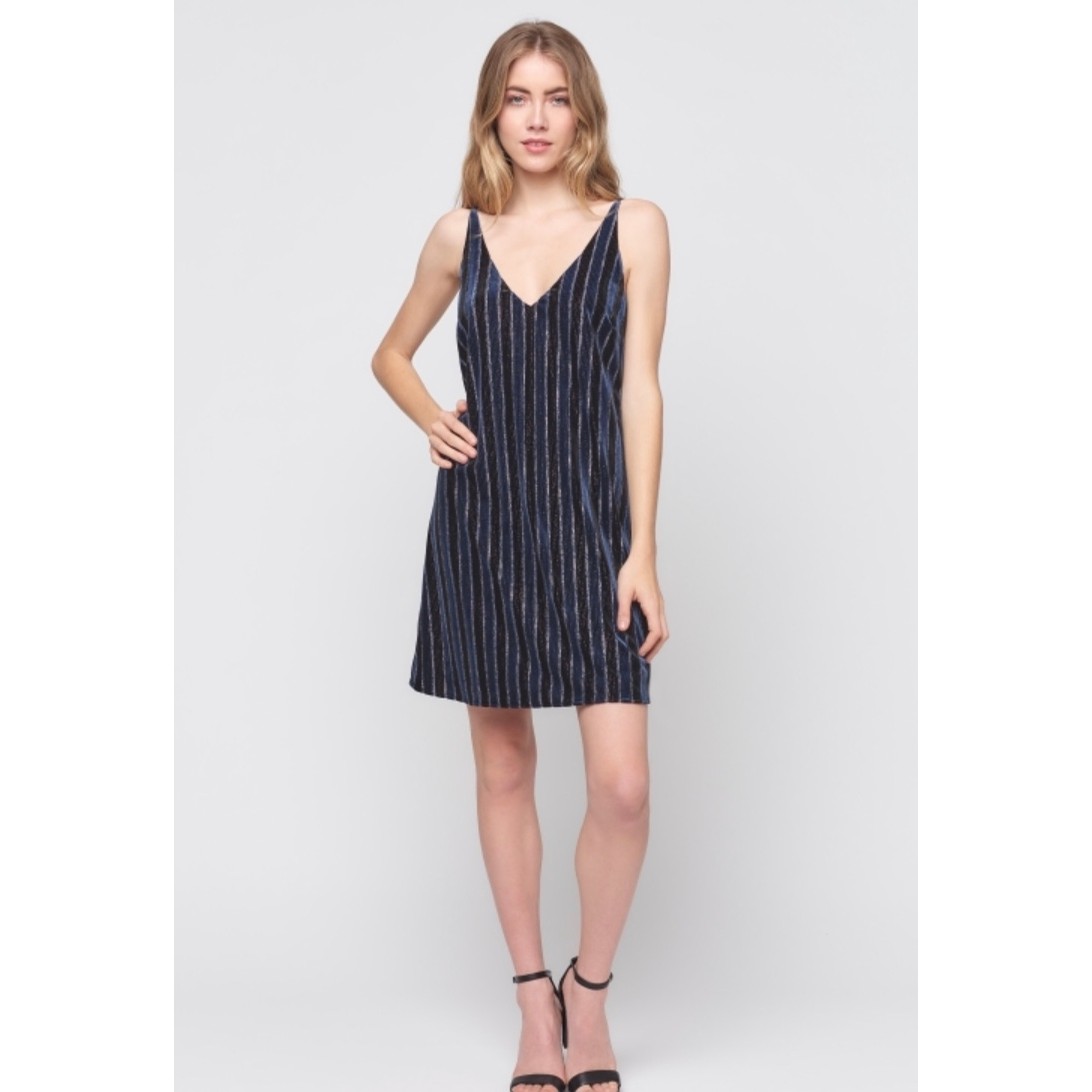 Velvet Stripe Cami Slip Dress (Navy)
