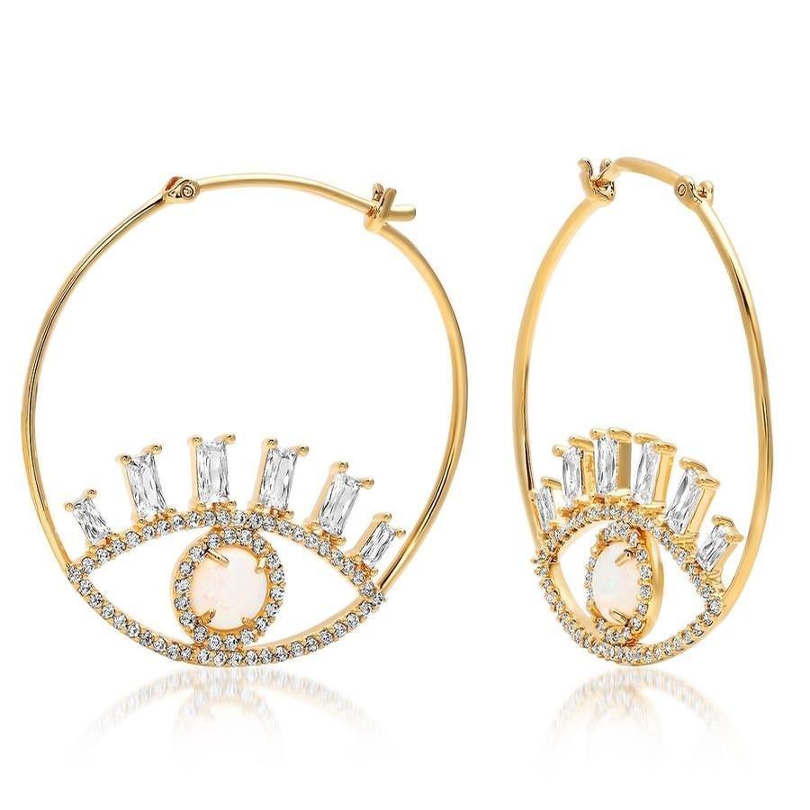Hoop Earring with Opal Evil Eye and Baguette CZ