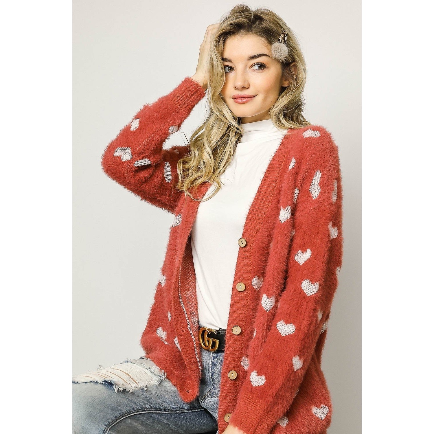 fuzzy red cardigan