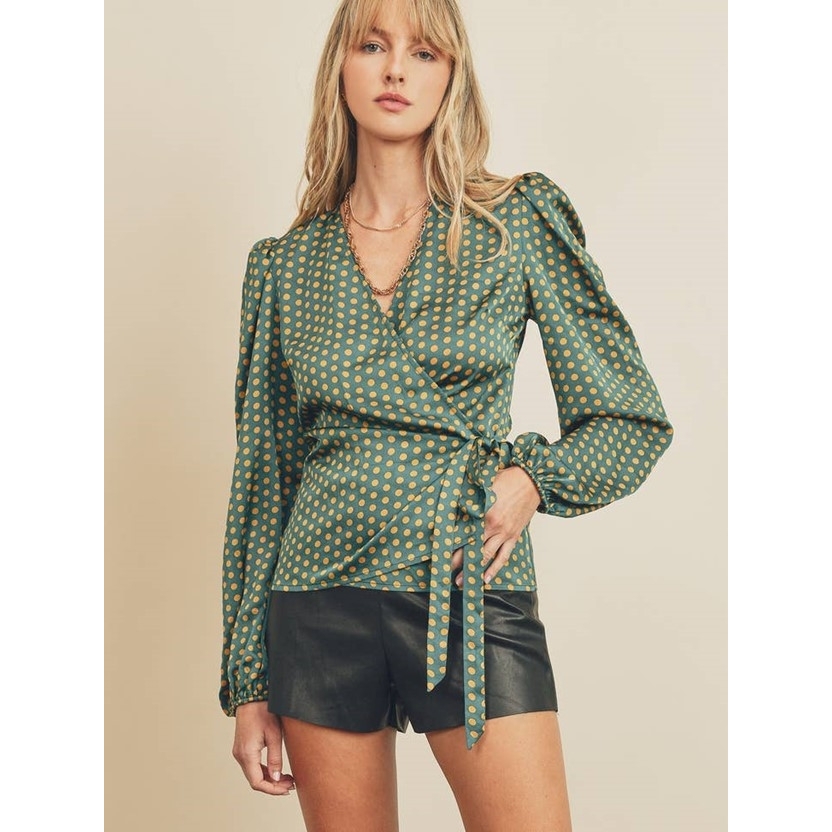 Printed Wrap Blouse (Teal Mustard Dot)