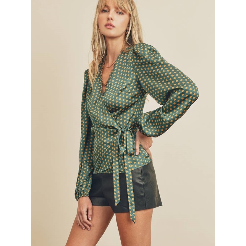 Printed Wrap Blouse (Teal Mustard Dot)