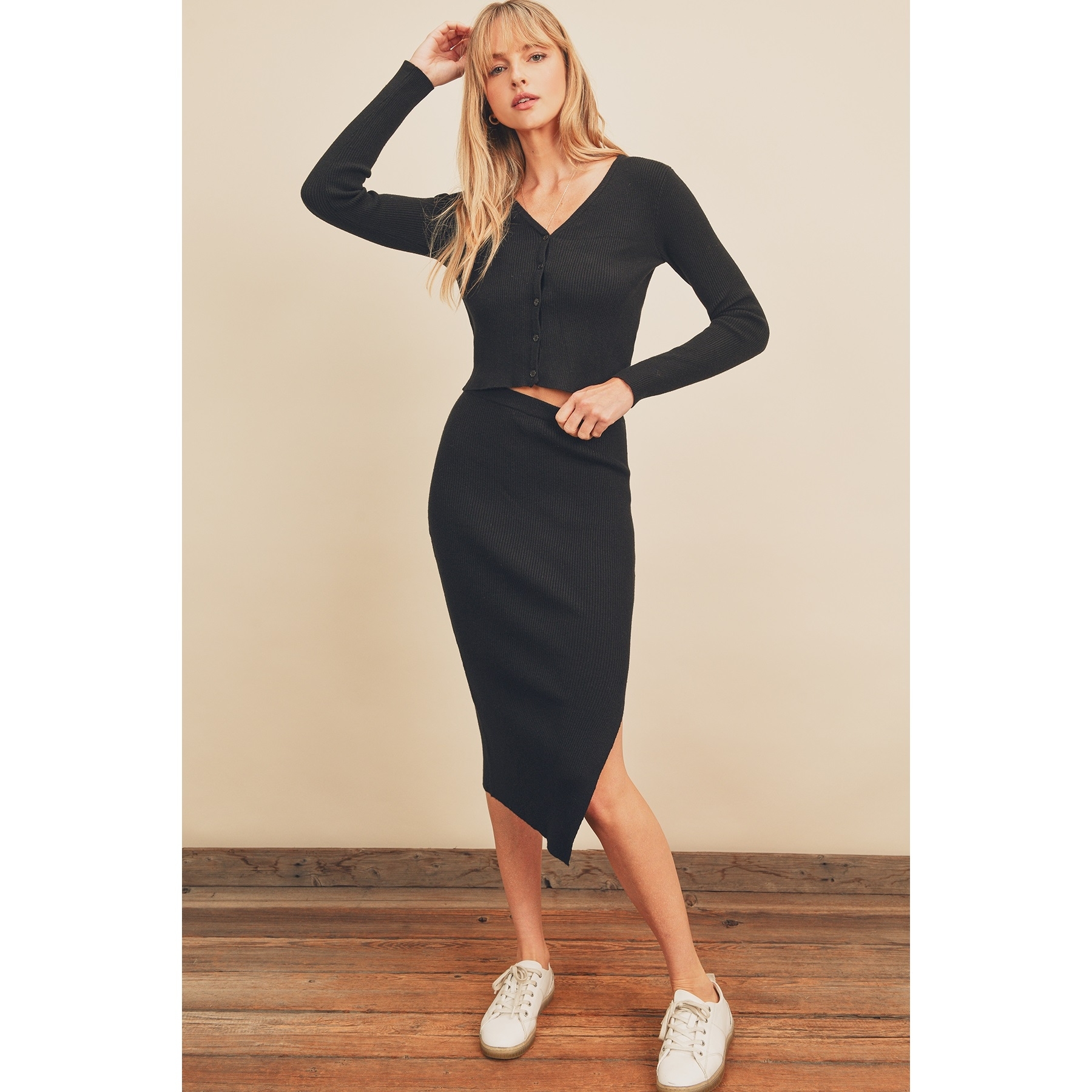 Rib Knit Side Slit Pencil Skirt (Black)