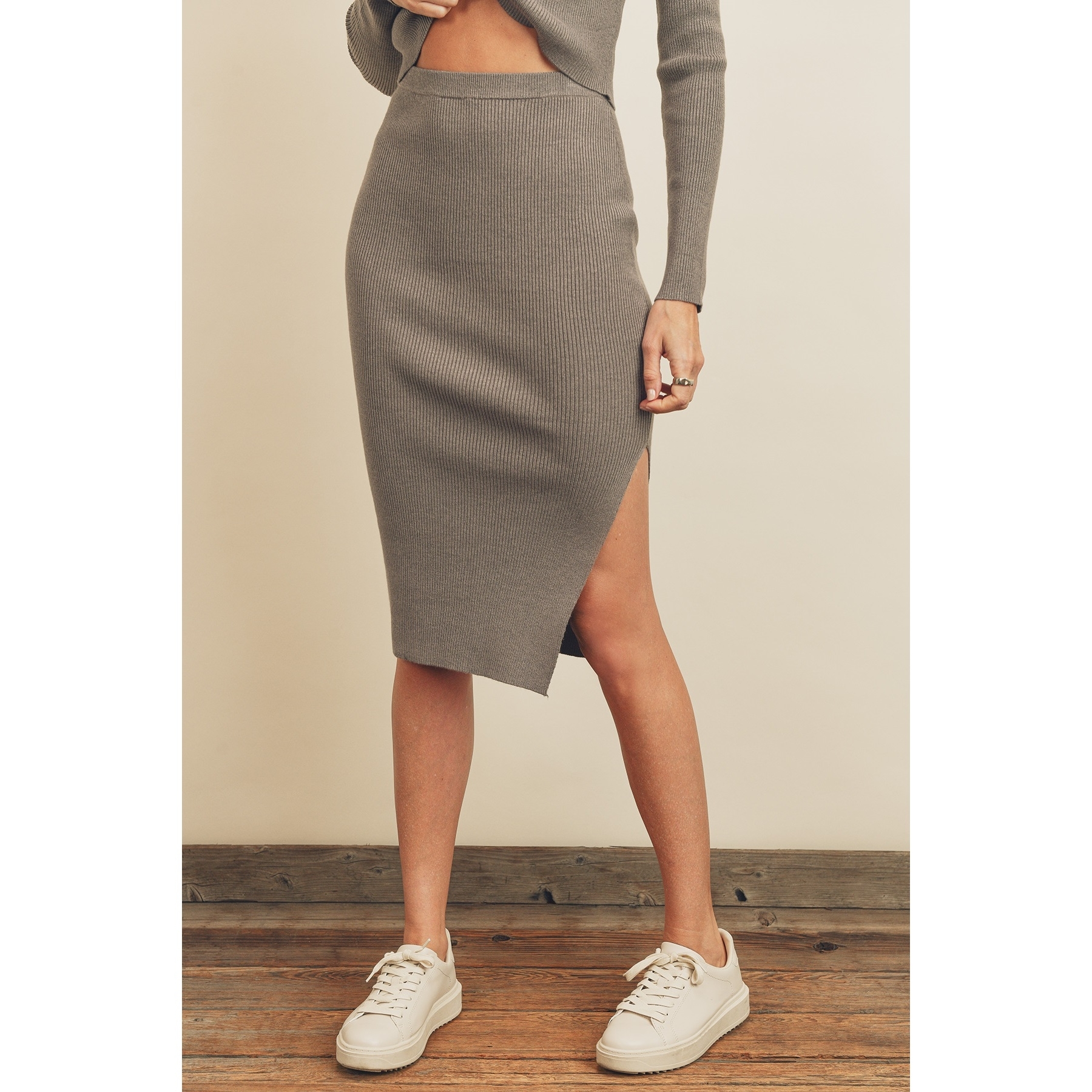 Rib Knit Side Slit Pencil Skirt (Heather Grey)