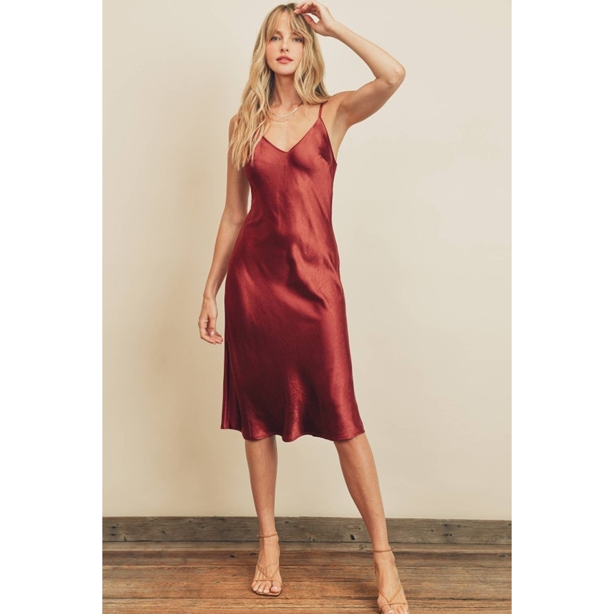 Satin Bias Cut Slip Dress (Burgundy)