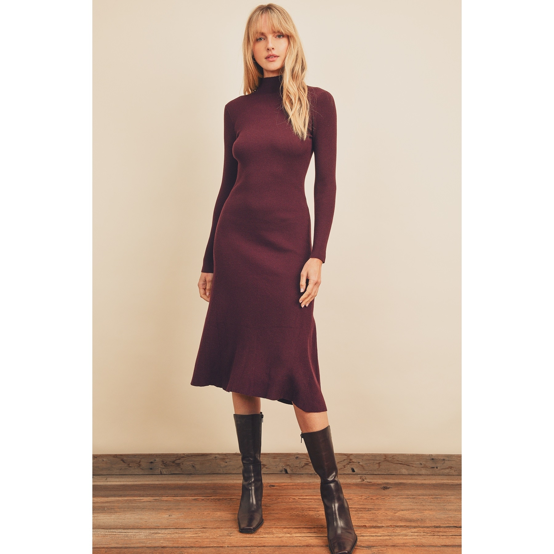 Turtleneck Midi Flare Dress (Burgundy)