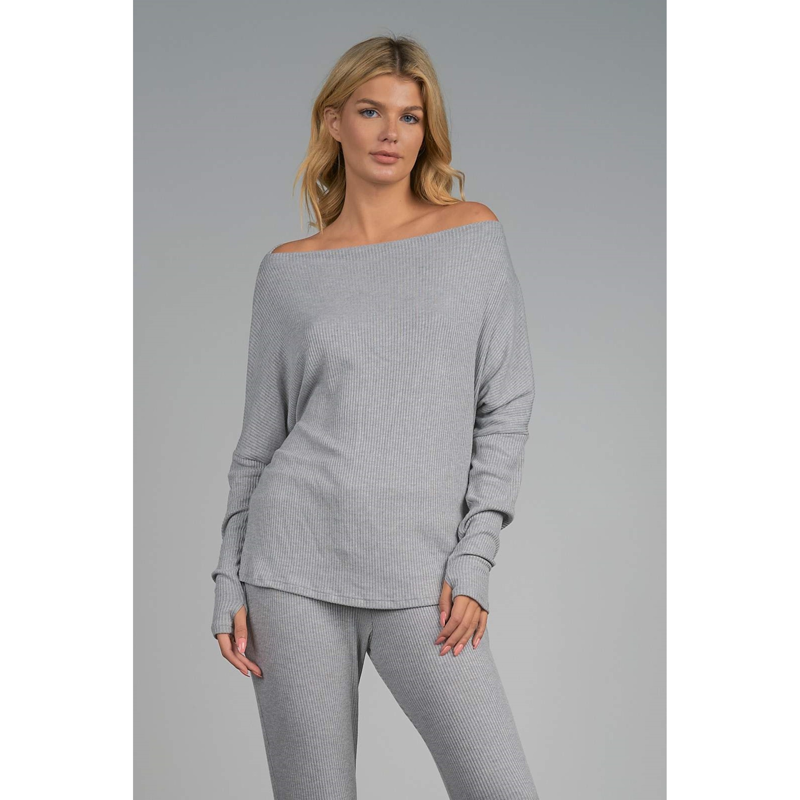 Sophie Ribbed Knit Off Shoulder Top (Grey)