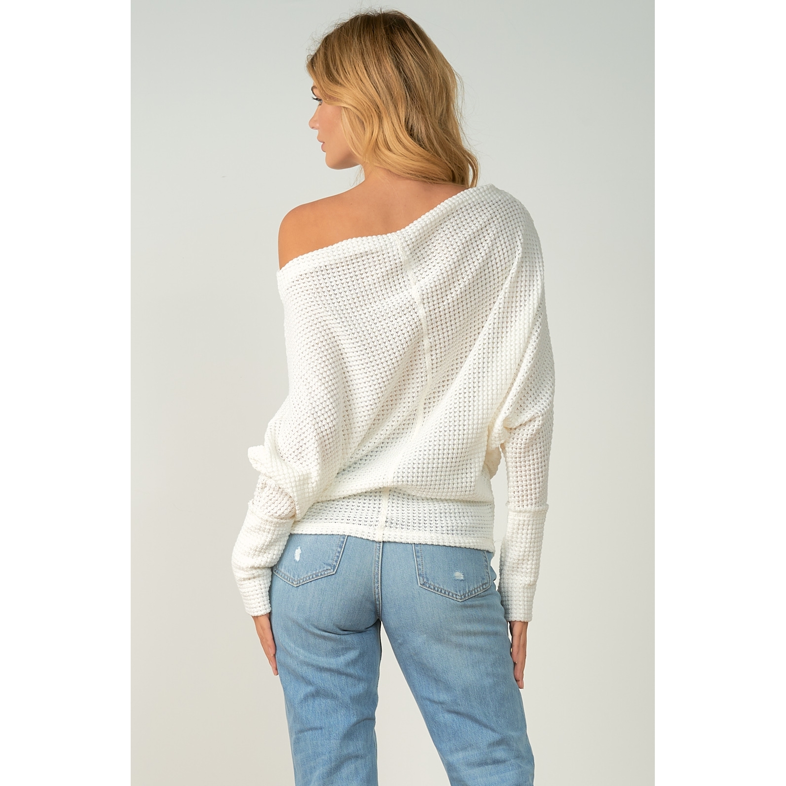 Waffle Knit Off Shoulder Top (Off White)