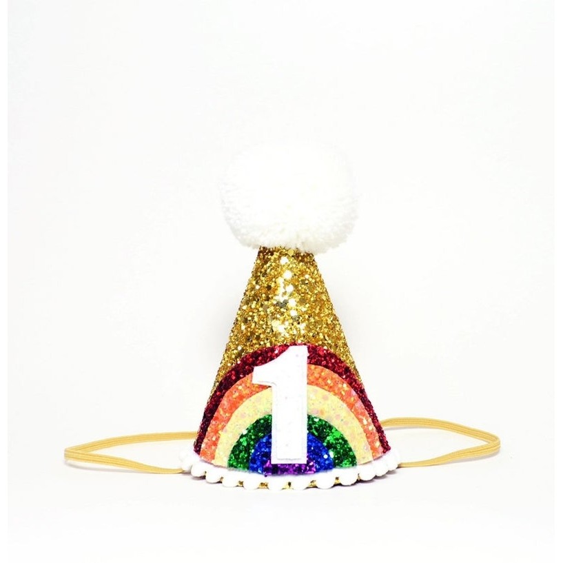 Large Bright Rainbow Party Hat (Gold/Rainbow/White Pom