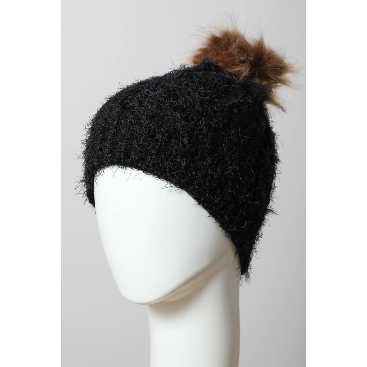 Mohair Cable Knit Beanie with Faux Fur Pom (Black)