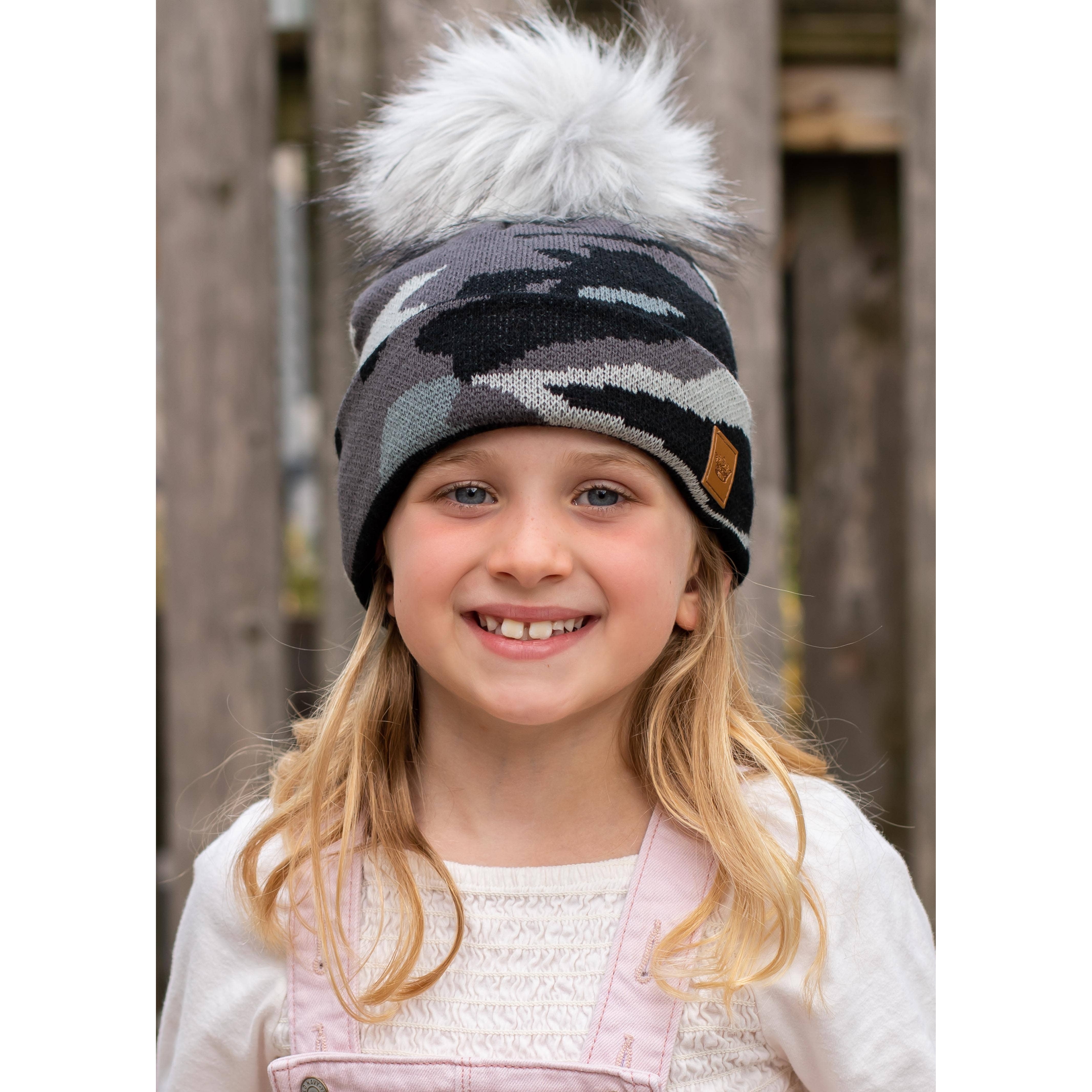 Kids Knit Pom Beanie (Grey Camo)