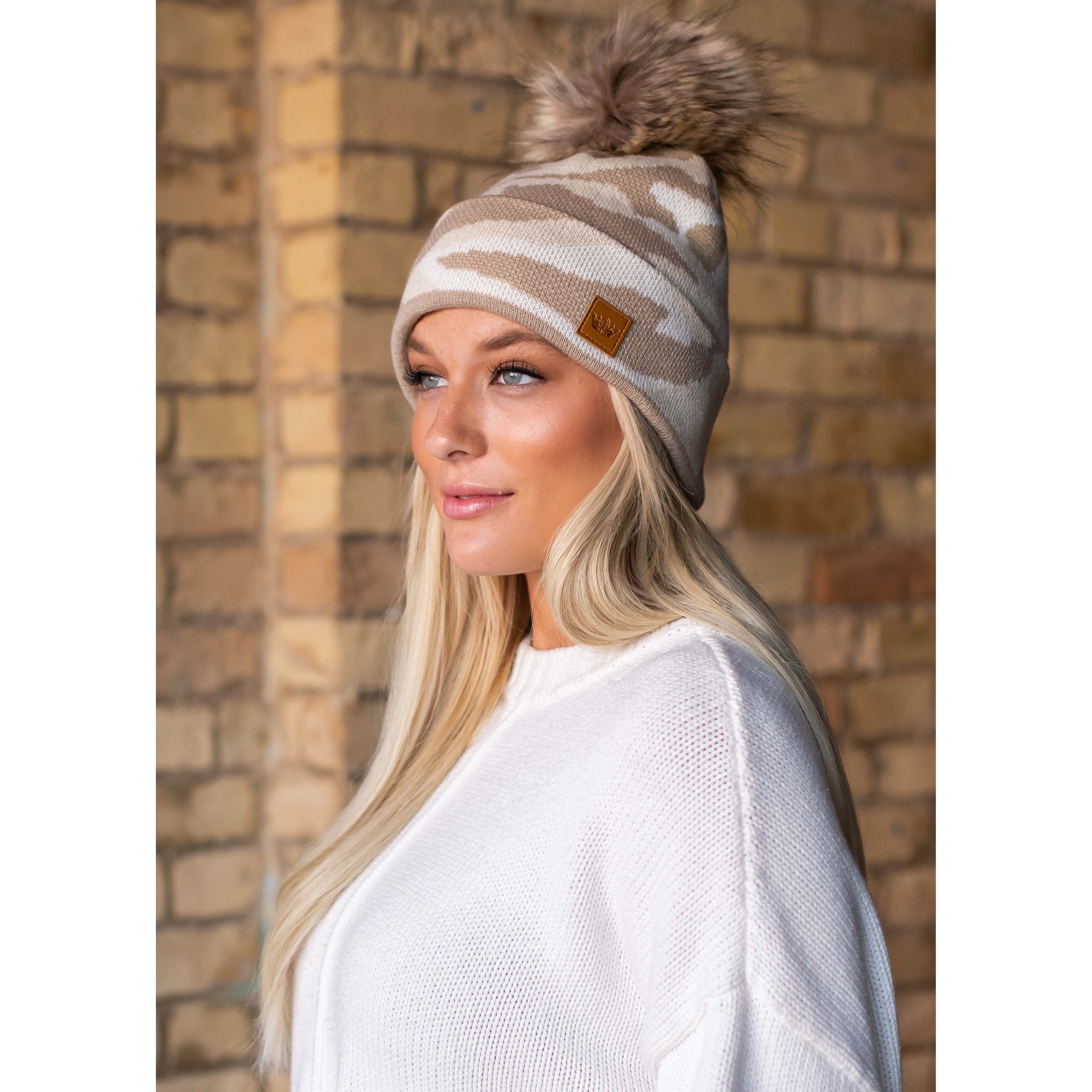 Knit Pom Beanie (Tan Camo 