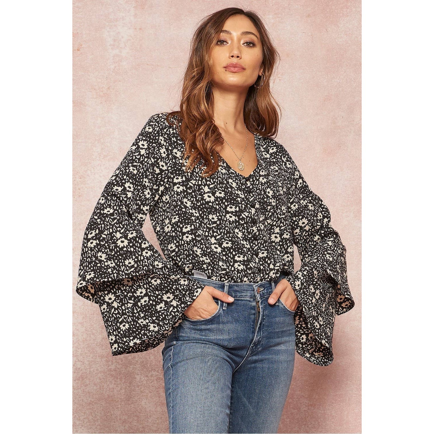 Floral Bell Sleeve Body Suit Blouse (Black/White)