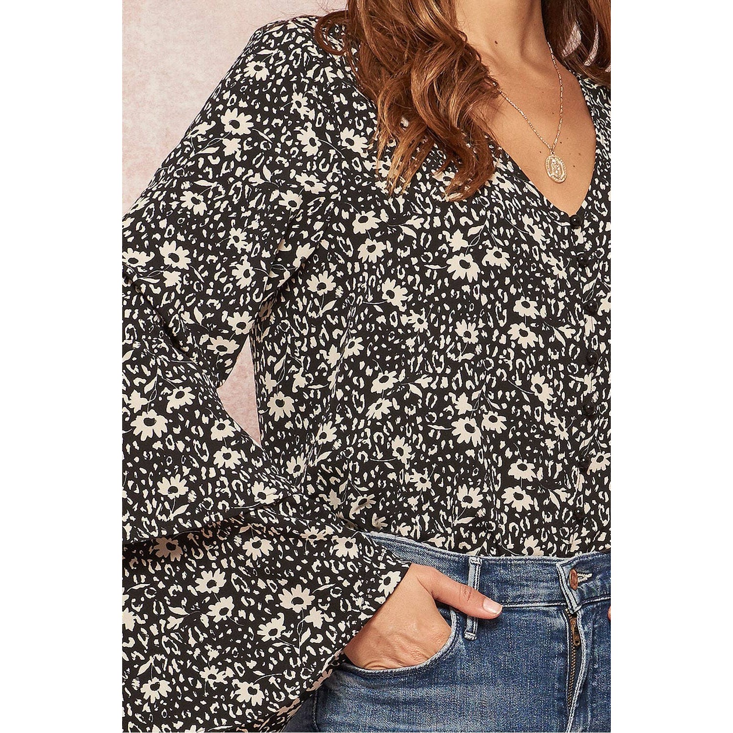 Floral Bell Sleeve Body Suit Blouse (Black/White)