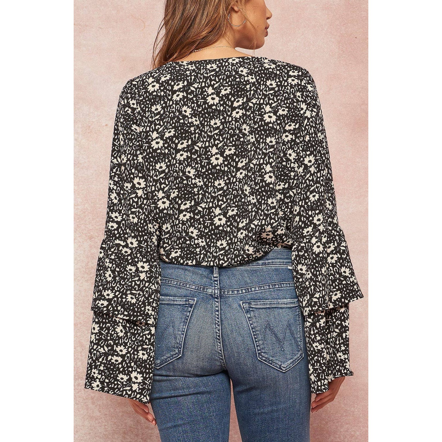 Floral Bell Sleeve Body Suit Blouse (Black/White)