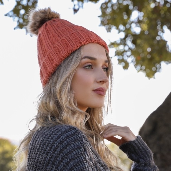 Cozy Fleece Lined Beanie with Faux Fur Pom (Persimmon)