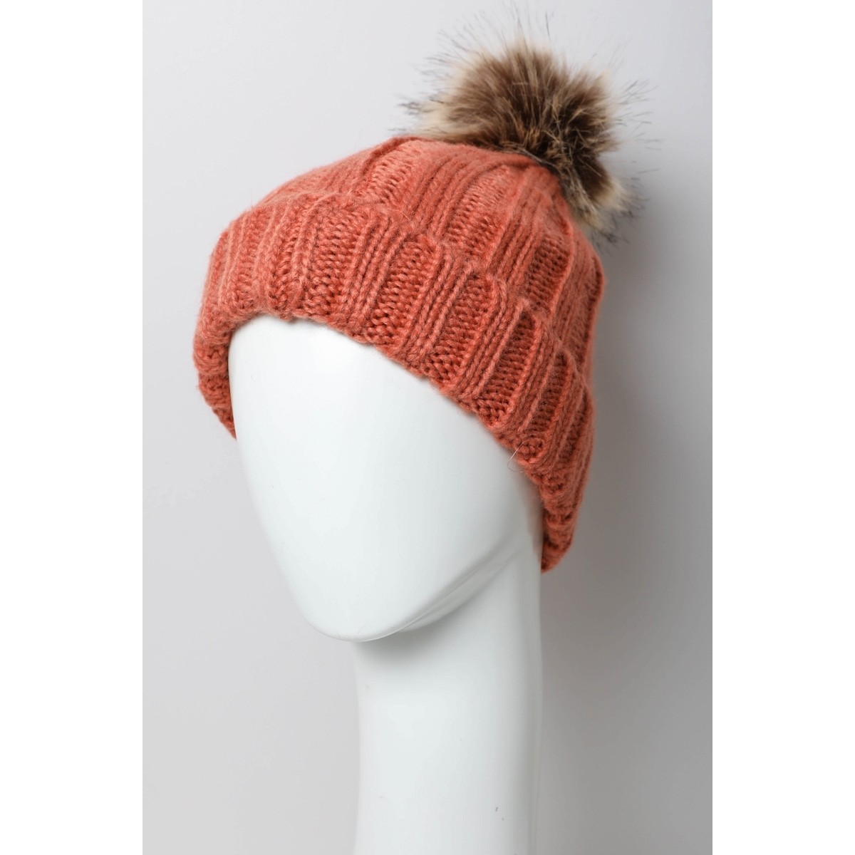 Cozy Fleece Lined Beanie with Faux Fur Pom (Persimmon)