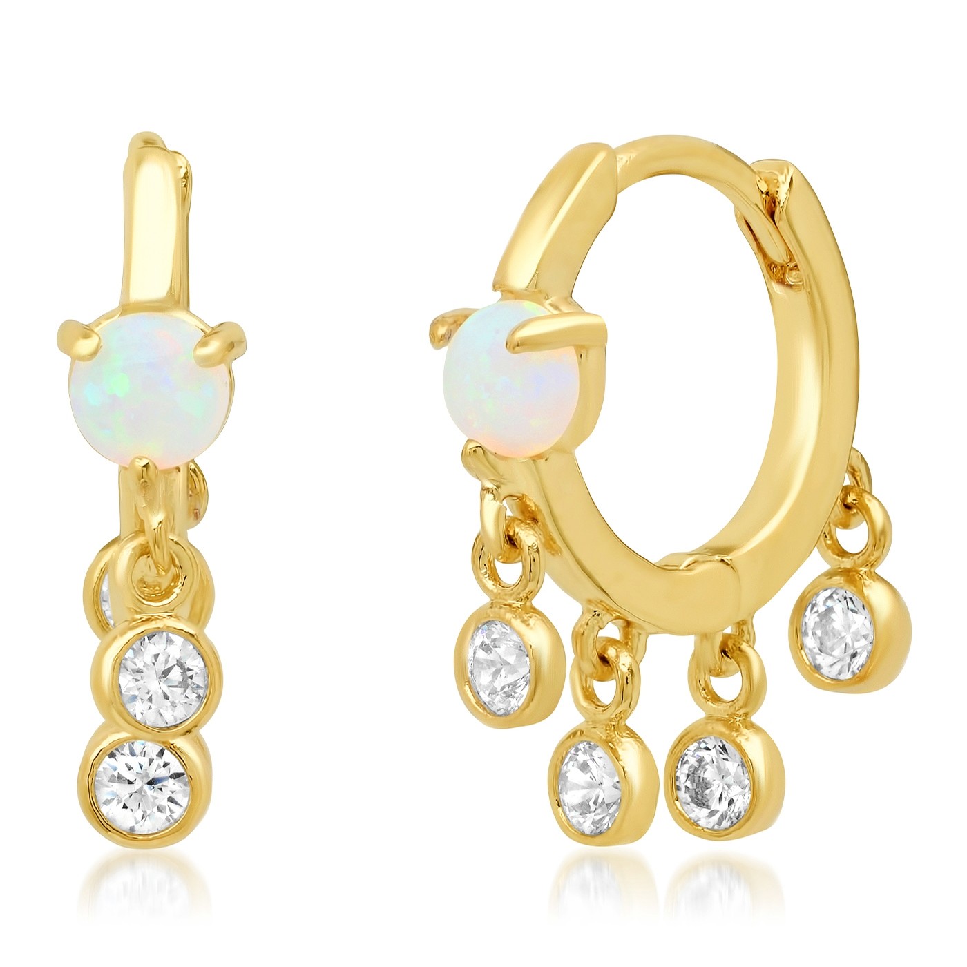 Mini Huggie Hoop with CZ Dangles and Opal Accent (Gold/Opal)