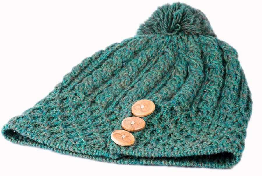 Aran Woollen Mills Irish Hat with Buttons (Connemara Green) Clothing