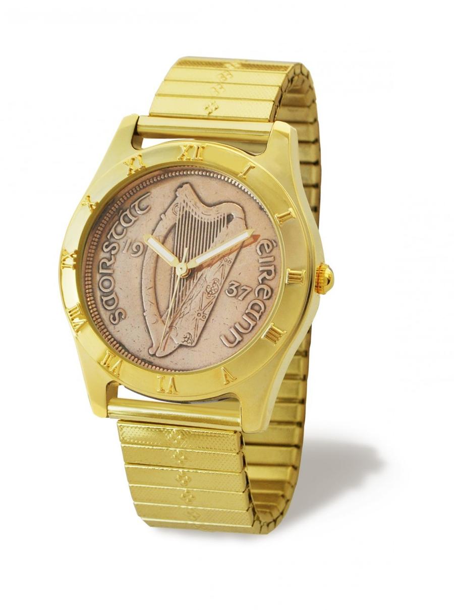 Irish Penny Watch Mens Gold Flexo Band Irish Penny Wrist Watch Jewelry