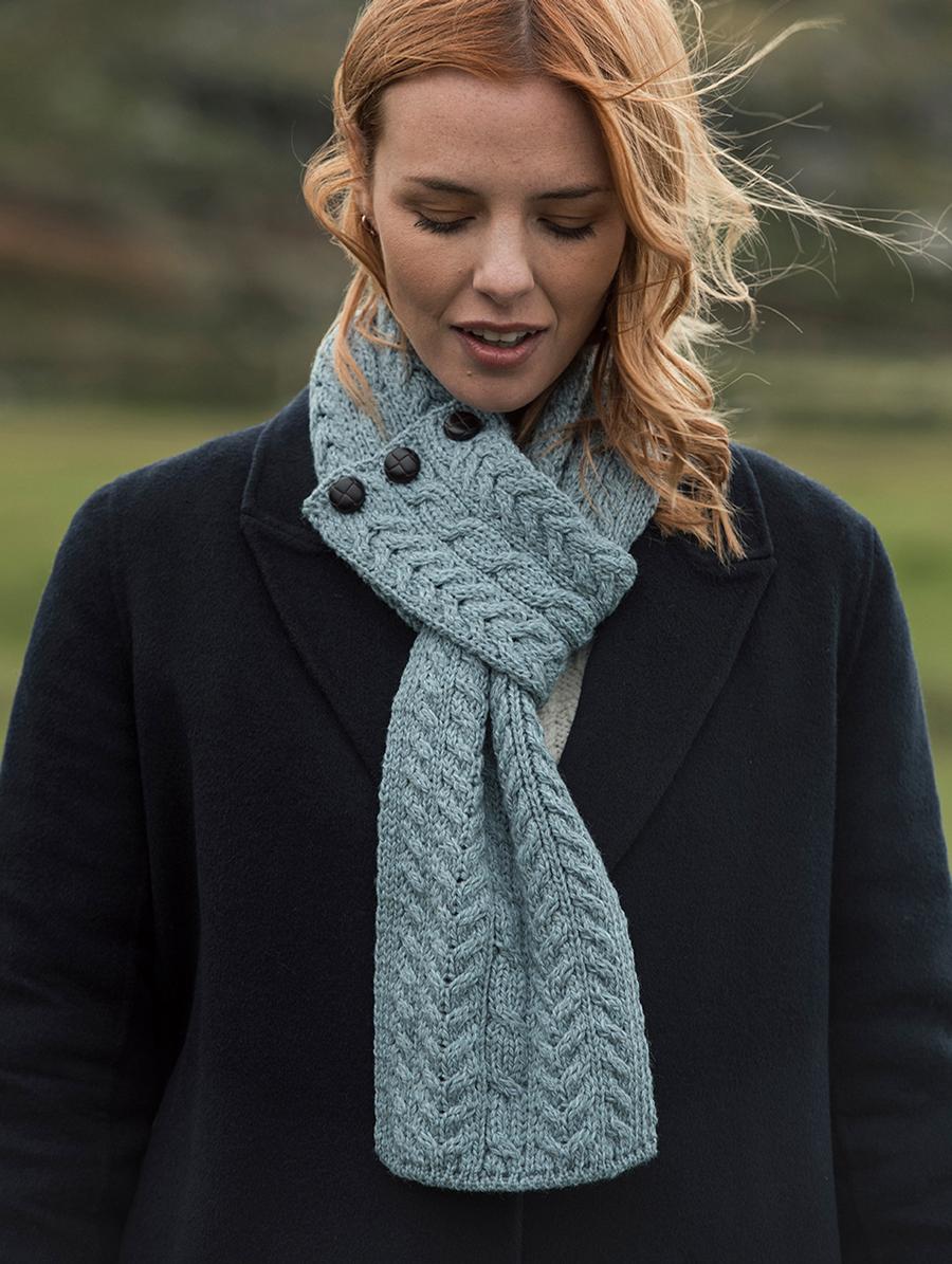 Aran Woollen Mills Irish Buttoned Loop Scarf (Light Blue) Clothing