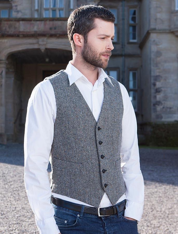 GREY S1656BV5 250 MADCAP ENGLAND MOD DONEGAL HIGH FASTEN SLIM FIT WAISTCOAT 